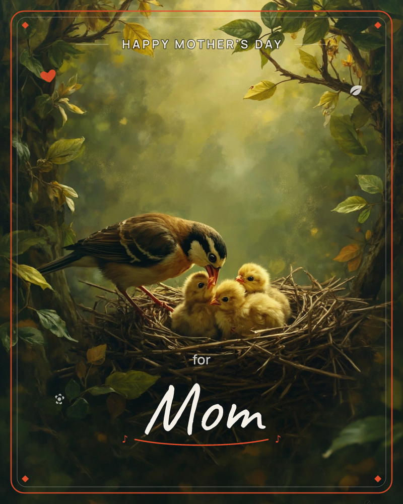 A mother bird leans into a twig nest to feed three fuzzy yellow chicks, their beaks open wide toward her, a mothersday e-card design