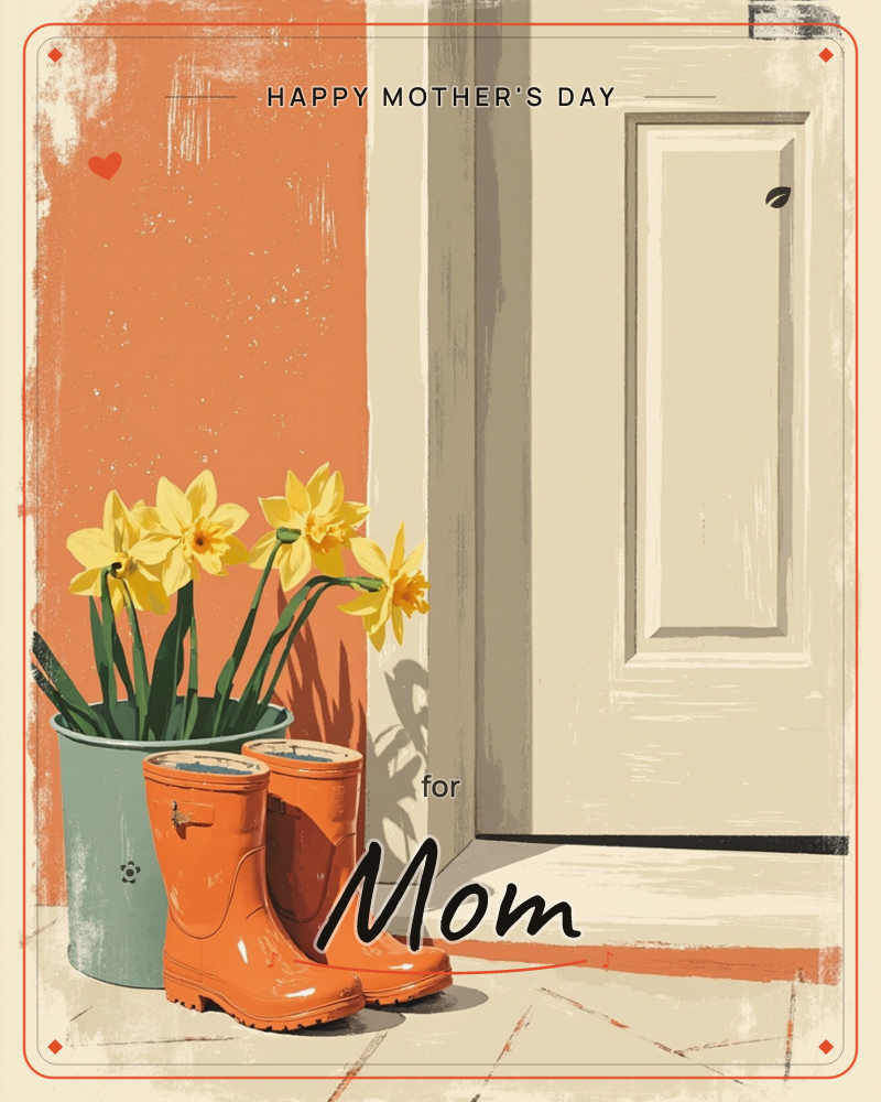 A front doorstep scene with a cream painted door and a burnt-orange wall panel behind it, where a pair of orange rain boots stands beside a sage-green…, a mothersday e-card design