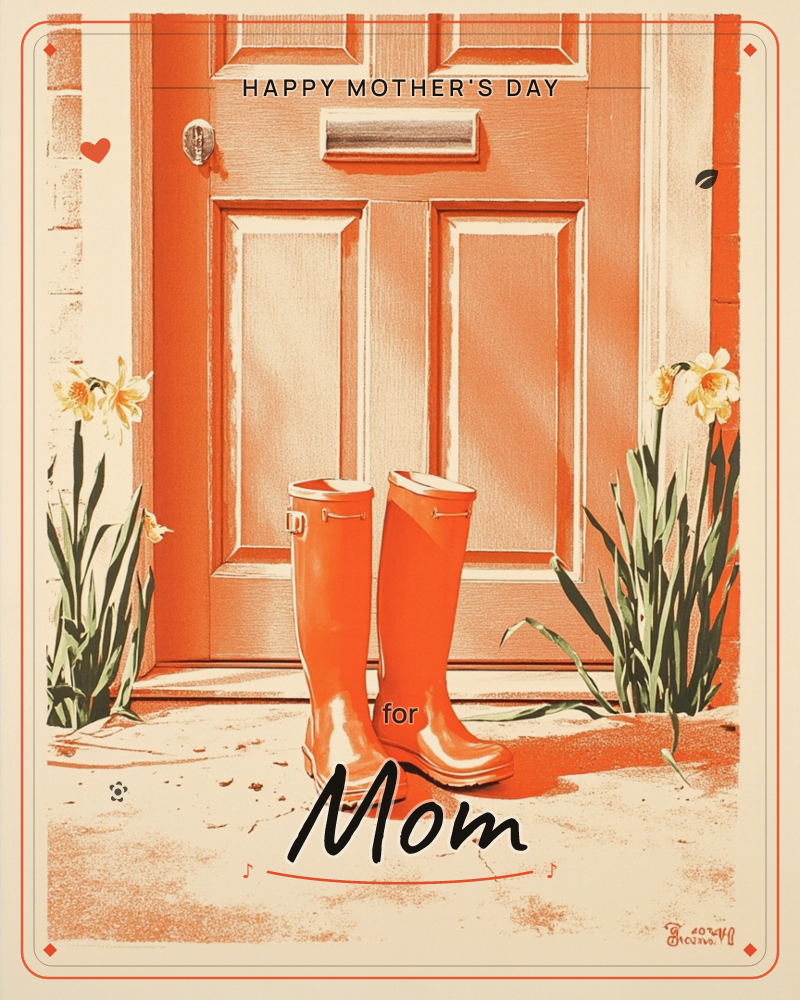 A pair of bright orange wellington boots stands on a doorstep before a panelled front door of the same warm hue, with a brass letterbox and doorknob…, a mothersday e-card design