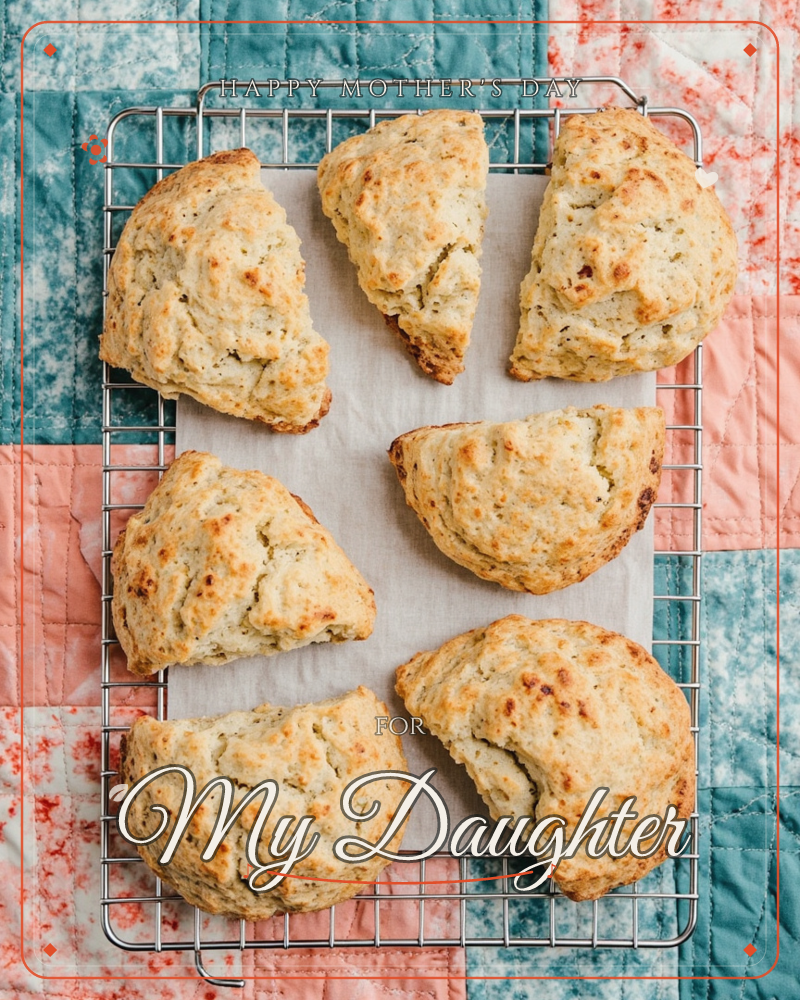 A wire cooling rack holds seven golden scones, freshly baked with crisp, flecked crusts, set atop a patchwork quilt in teal, coral, and cream squares, a mothersday e-card design