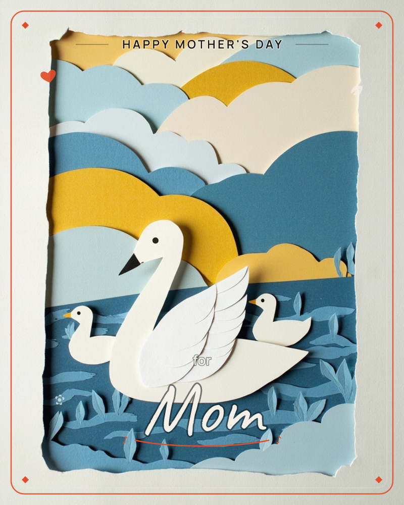 A paper-cut illustration shows a white swan gliding across a deep blue lake with two small cygnets at her sides, layered reeds rising from the water below, a mothersday e-card design