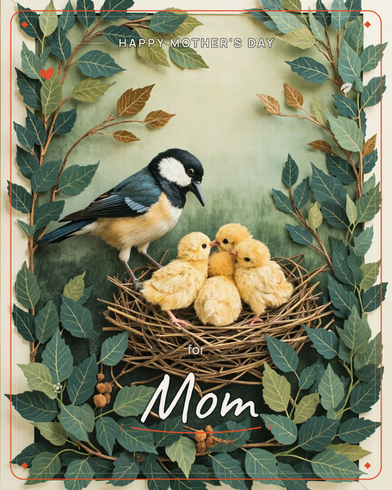 A mother bird with a black-and-white head and soft peach breast perches beside a twiggy nest cradling three fluffy yellow chicks, all framed by an arch…, a mothersday e-card design