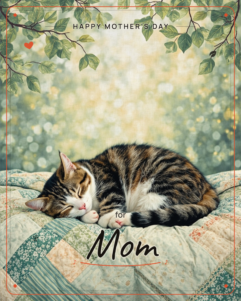 A tabby and white cat curls up fast asleep on a patchwork quilt, tucked beneath overhanging leafy branches, a mothersday e-card design