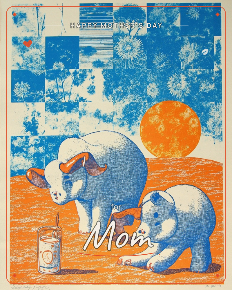 Two round, pale blue creatures with rust-orange ears stand on a scratchy orange ground, one nudging a tall glass of iced lemon water with a straw, a mothersday e-card design
