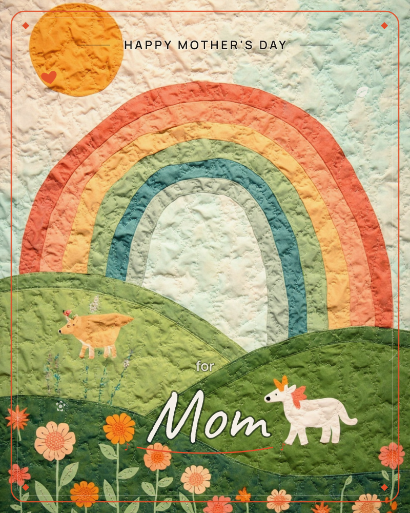 A quilted textile scene shows a fabric-appliqué sun and rainbow arching over rolling green hills, where two small horses graze among stitched wildflowers, a mothersday e-card design