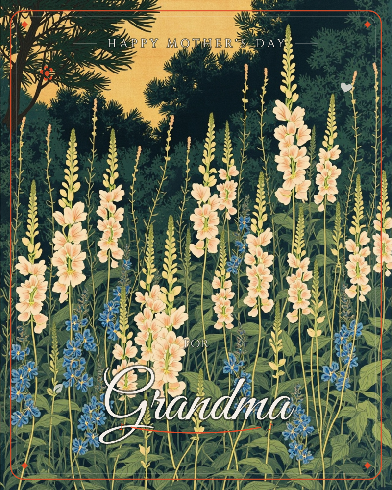 Tall spires of pale peach foxgloves rise against a dark pine forest, their blooms glowing as if lit from within by a hidden dusk sky behind the trees, a mothersday e-card design