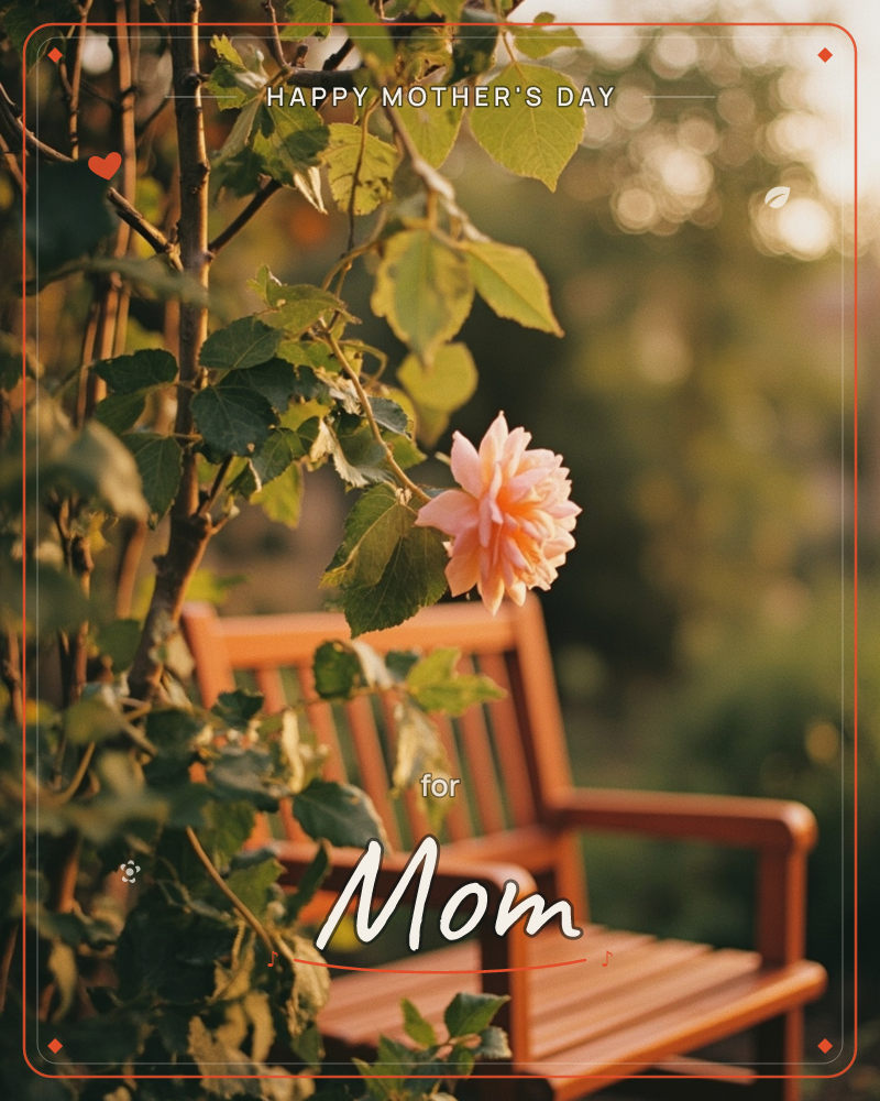 A single peach-pink rose leans over an empty wooden garden bench, caught in the warm glow of late afternoon sun, a mothersday e-card design