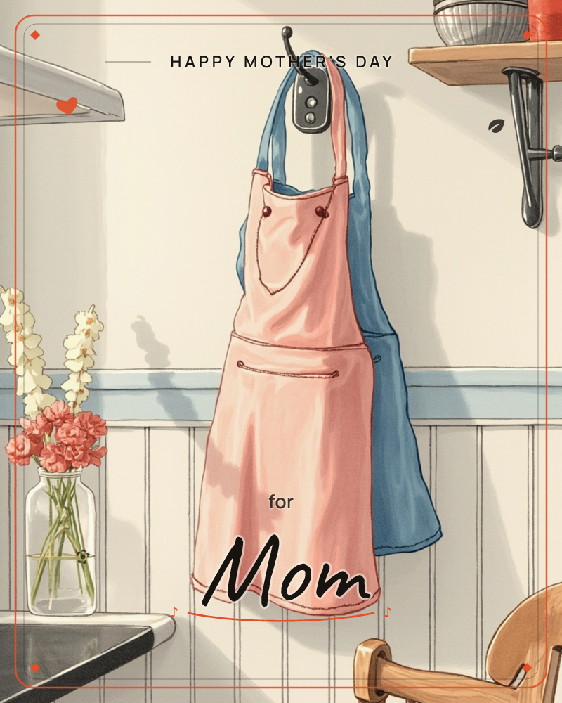 A pink apron with a front pocket hangs from a black wall hook, its blue ties draped over one shoulder, casting a soft shadow on the beadboard wall…, a mothersday e-card design