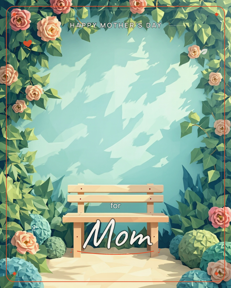 A wooden bench sits empty in a garden alcove framed entirely by climbing pink roses and layered green leaves, a mothersday e-card design