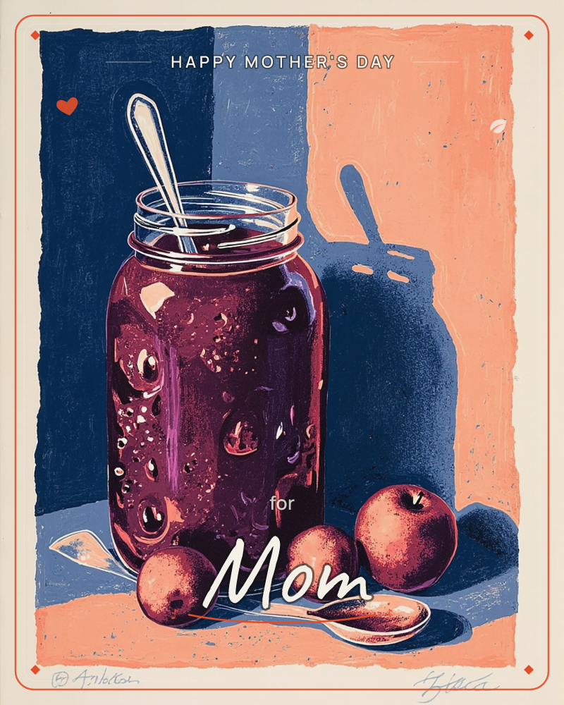 A glass jar of dark jam sits filled to the brim with a spoon propped inside, its long shadow stretching across a block-coloured backdrop of navy, slate…, a mothersday e-card design