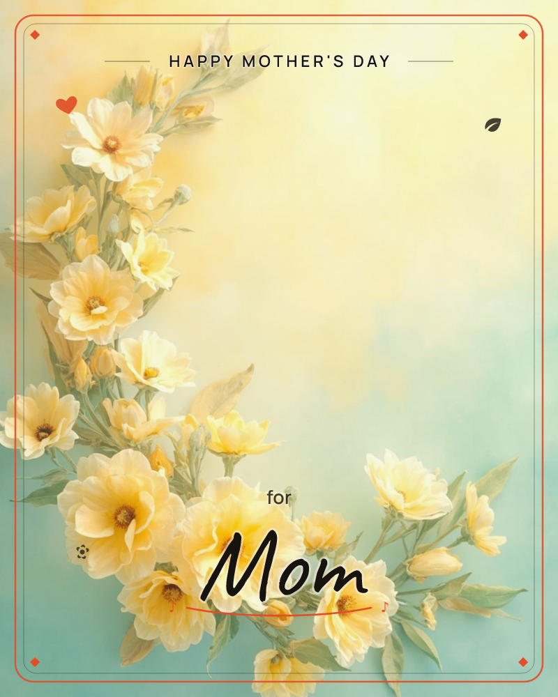 A curving garland of pale yellow buttercups and cosmos-like blooms sweeps down the left side and along the bottom of the card, their petals soft and…, a mothersday e-card design