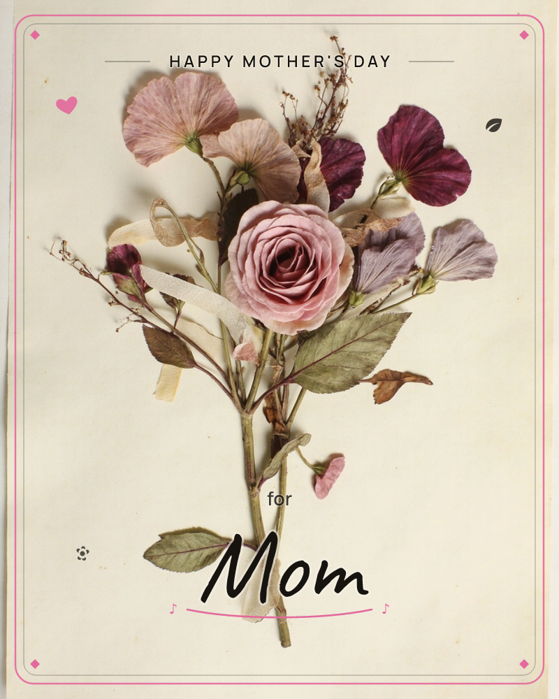 A pressed-flower bouquet is arranged against a soft cream background, its edges softened by a shadowy vignette, a mothersday e-card design