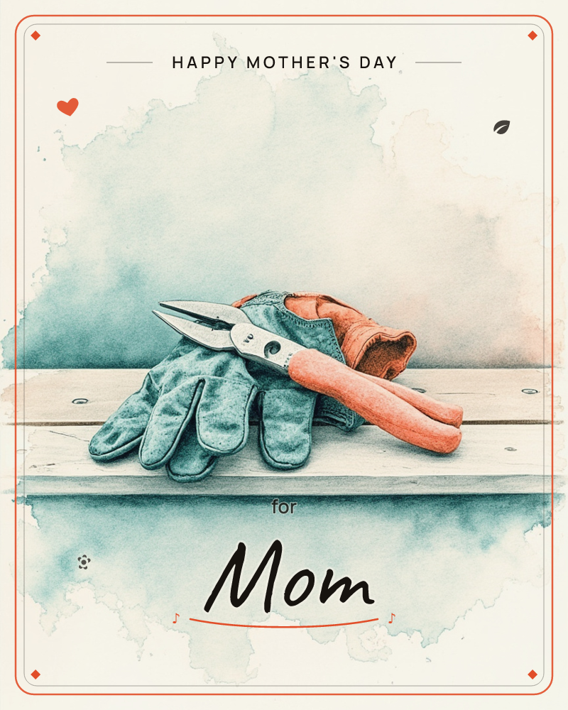 A pair of worn grey gardening gloves sits folded beneath a set of orange-handled pruning shears, resting on a weathered wooden plank, a mothersday e-card design
