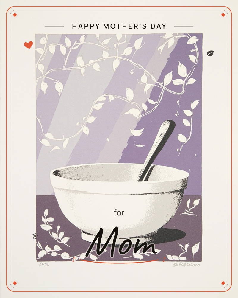 A plain white bowl with a black-handled spoon rests on a deep purple tabletop, set against a lilac backdrop of striped light and trailing leafy vines, a mothersday e-card design