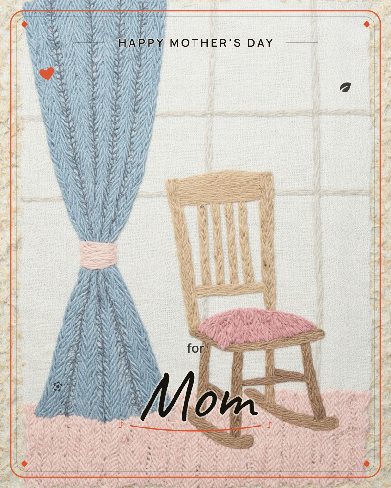 An embroidered interior scene worked in thick woollen thread: a blue curtain gathered with a pink tie hangs beside a wooden rocking chair with a fluffy…, a mothersday e-card design