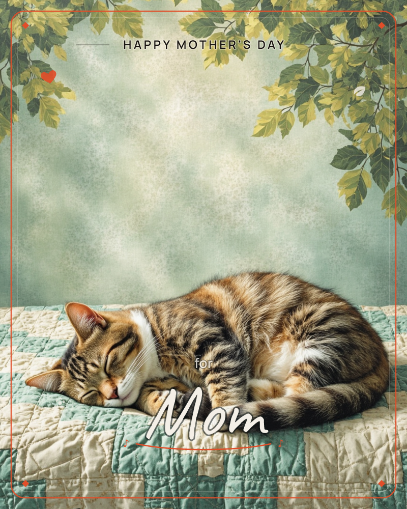 A tabby cat lies curled in deep sleep on a patchwork quilt of sage green and cream squares, one paw tucked beneath its chin, a mothersday e-card design
