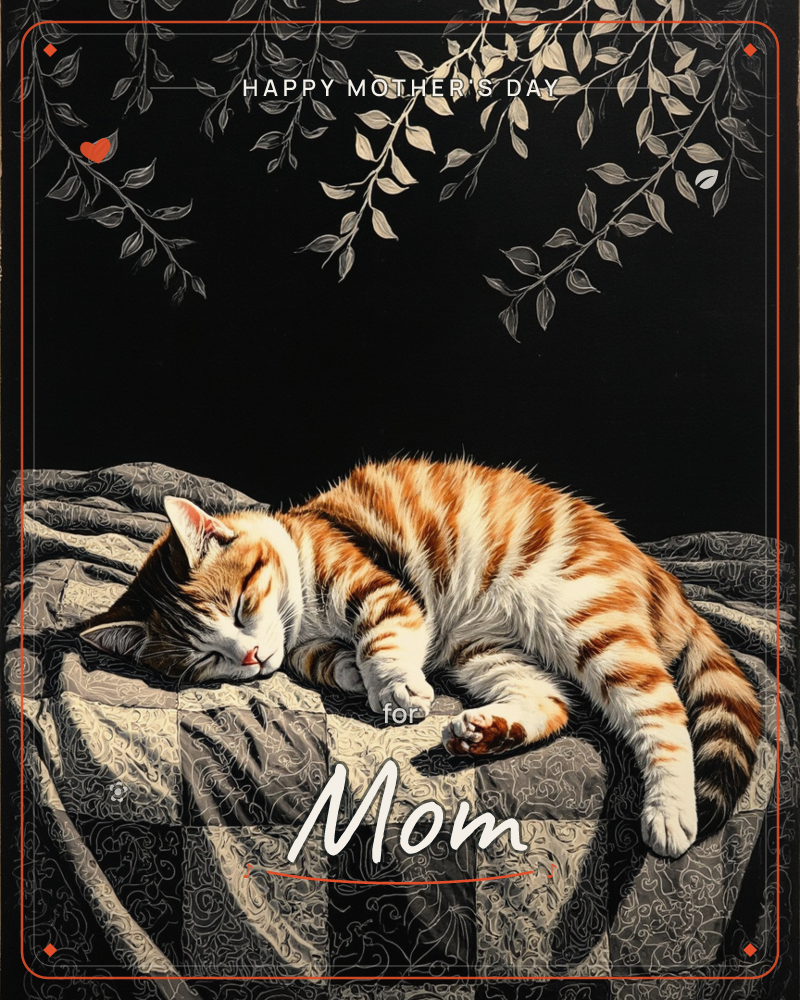 An orange tabby cat lies curled in deep sleep atop a patterned grey quilt, its stripes glowing warm against the surrounding black, a mothersday e-card design