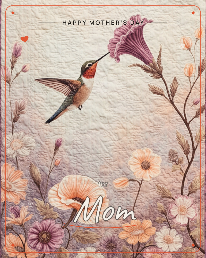 A hummingbird with a rose-red throat hovers mid-flight, its beak reaching into a trumpet-shaped purple flower against a quilted, softly textured…, a mothersday e-card design