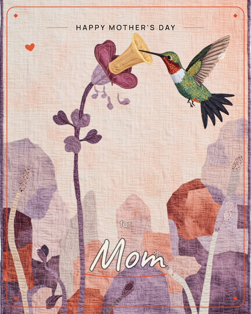 A quilted-fabric illustration shows a hummingbird with an iridescent green body and ruby throat hovering to sip from a trumpet-shaped mauve flower, a mothersday e-card design