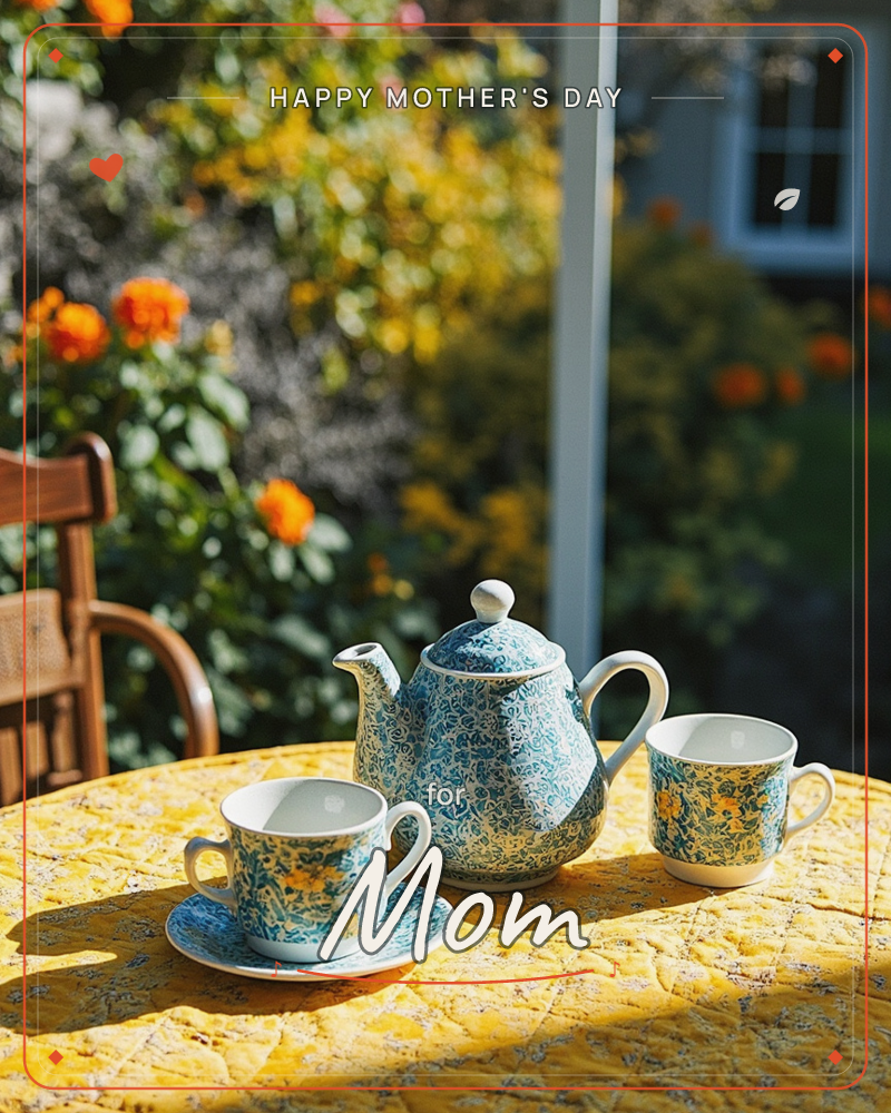 A patterned blue-and-yellow teapot sits with two matching mugs and a cup on a saucer, arranged on a quilted yellow tablecloth in a sunlit garden, a mothersday e-card design
