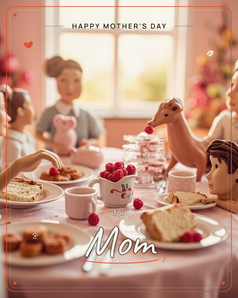 A whimsical tea party scene with doll-like figures and a toy horse gathered around a pink-draped table, sharing plates of cake, croissants and a mug…, a mothersday e-card design