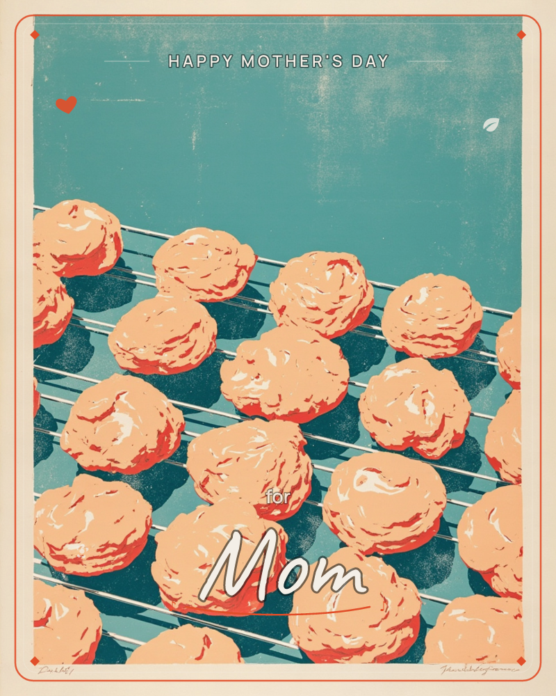 A stylised print shows rows of freshly baked cookies cooling on wire racks, their peach-toned surfaces textured with rough, cracked ridges, a mothersday e-card design