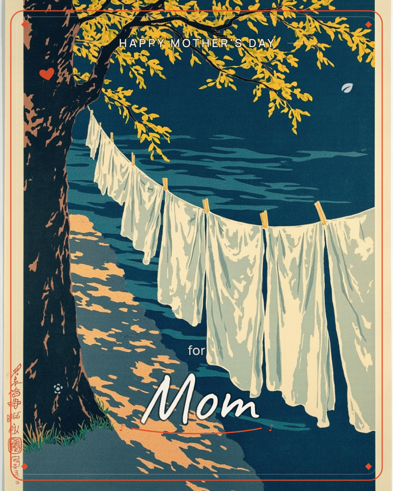 A woodblock-style print shows white linens pinned to a clothesline strung from a gnarled tree, its golden leaves overhanging a dark rippling river below, a mothersday e-card design
