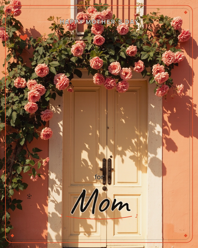 A pale cream double door is framed by a terracotta wall and a lush cascade of climbing pink roses spilling over the doorway, a mothersday e-card design