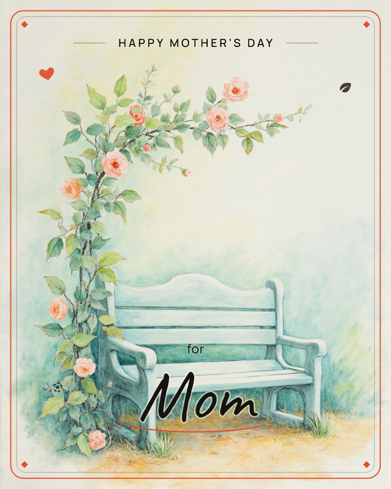 An empty wooden garden bench painted pale blue-green sits in dappled light beside a climbing rose arching overhead, its coral-pink blooms and green…, a mothersday e-card design