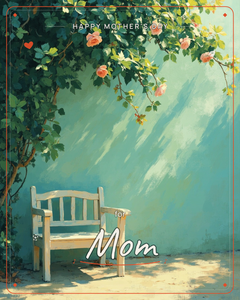 A weathered white wooden chair sits alone against a sun-washed turquoise wall, half-shaded by a climbing rose vine heavy with pink blooms, a mothersday e-card design