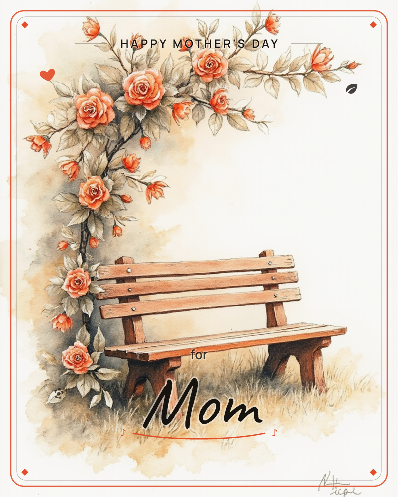 A weathered wooden bench sits empty in tall grass beneath an arching branch of coral roses in full bloom, a mothersday e-card design
