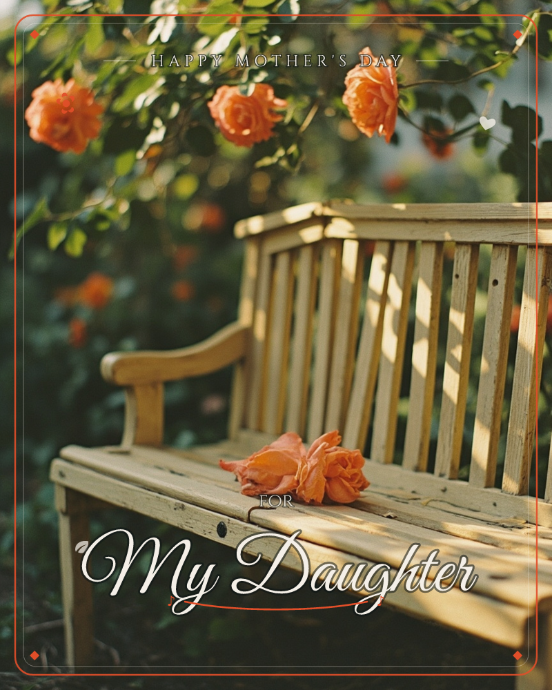 A weathered wooden garden bench sits beneath a climbing rose bush heavy with coral-orange blooms, dappled in warm late-afternoon light, a mothersday e-card design