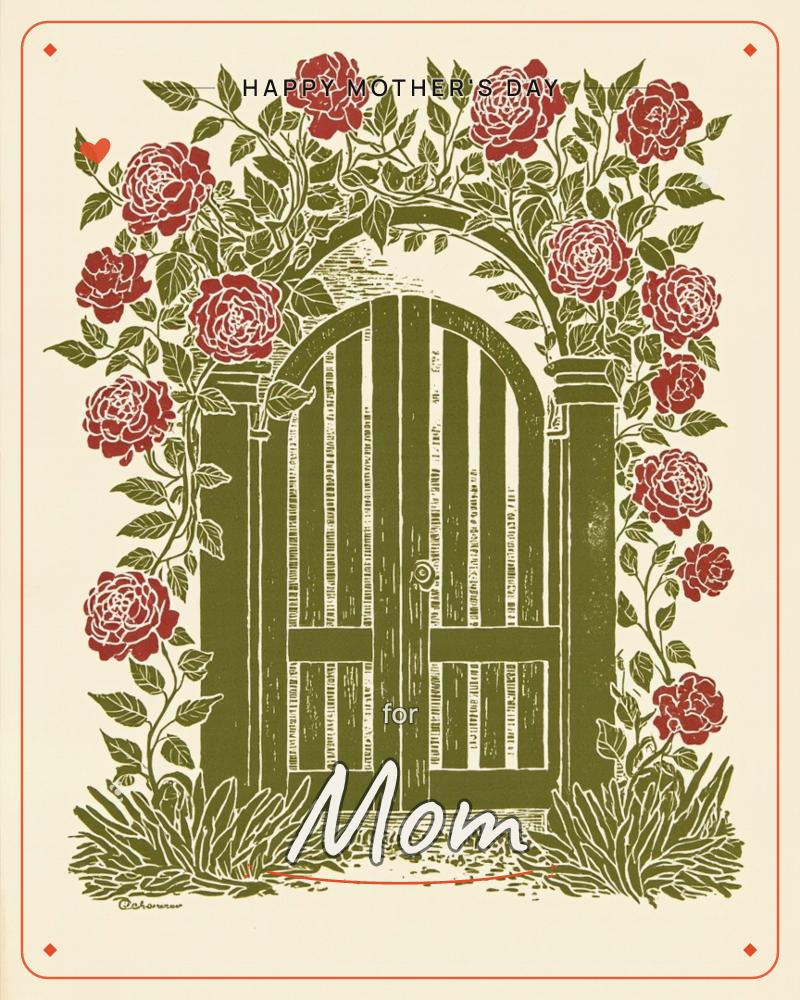 An arched garden gate in olive green stands closed at the centre of the card, its wooden panels textured with fine linocut lines, a mothersday e-card design