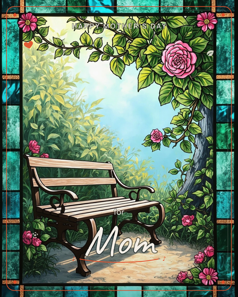 A wooden garden bench sits empty on a sandy path, framed by trailing pink roses and soft green foliage under a hazy daylight sky, a mothersday e-card design