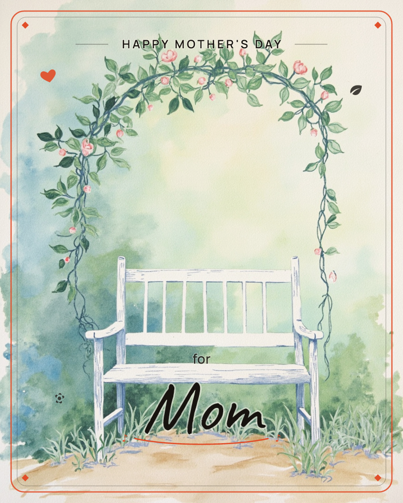 A white wooden bench sits beneath an arched trellis dripping with climbing roses and green leaves, a mothersday e-card design