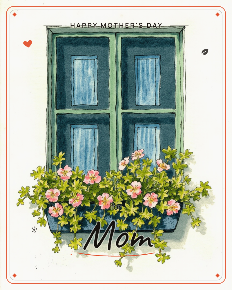 A four-pane window with sage-green frames and slate-blue shutters looks out from a pale wall, its sill lined with a window box overflowing with pink…, a mothersday e-card design