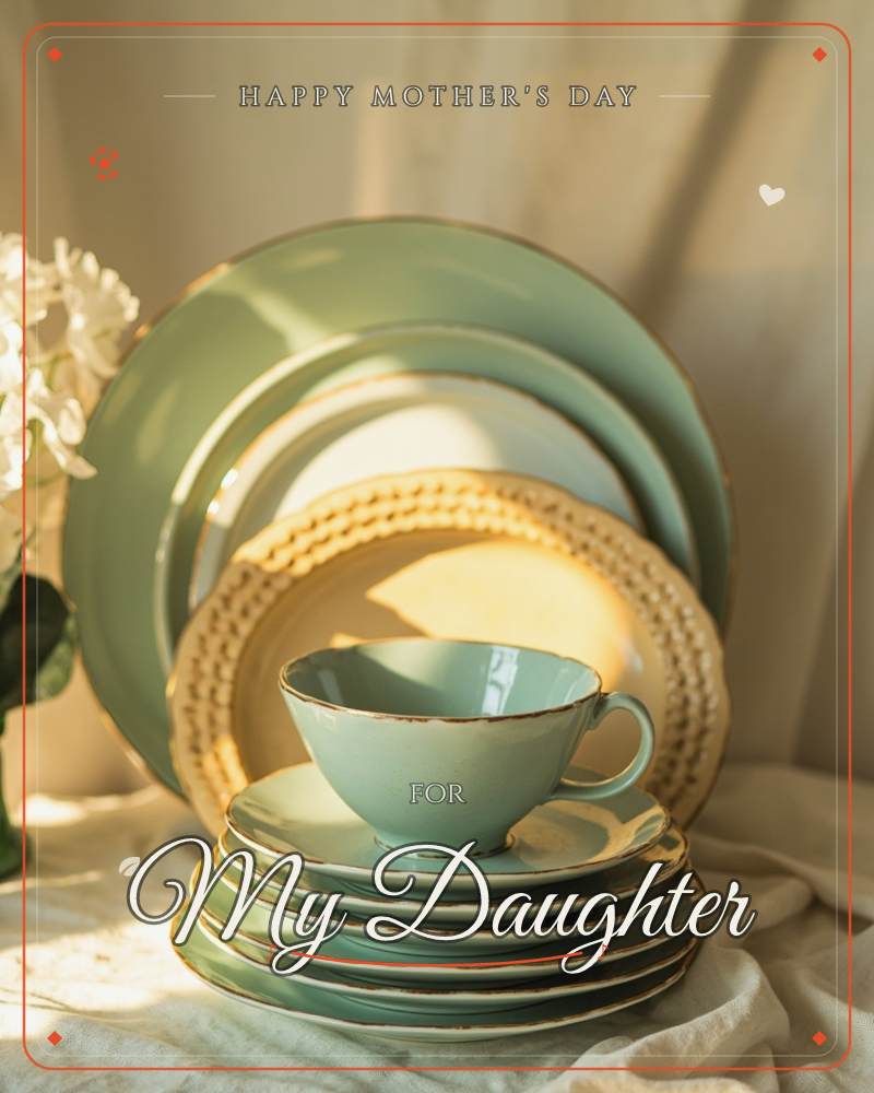A stack of sage-green plates and a woven straw charger rise behind a matching teacup catching warm afternoon light, with a cluster of white blossoms…, a mothersday e-card design