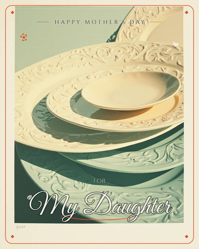 A stacked still life of ornate dinner plates and bowls, their rims carved with swirling scrollwork, catches warm light against a cool teal backdrop, a mothersday e-card design