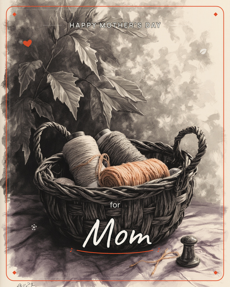 A woven basket sits on a draped cloth, holding spools of thread in soft grey and one warm terracotta, with a leafy branch sketched in charcoal tones…, a mothersday e-card design
