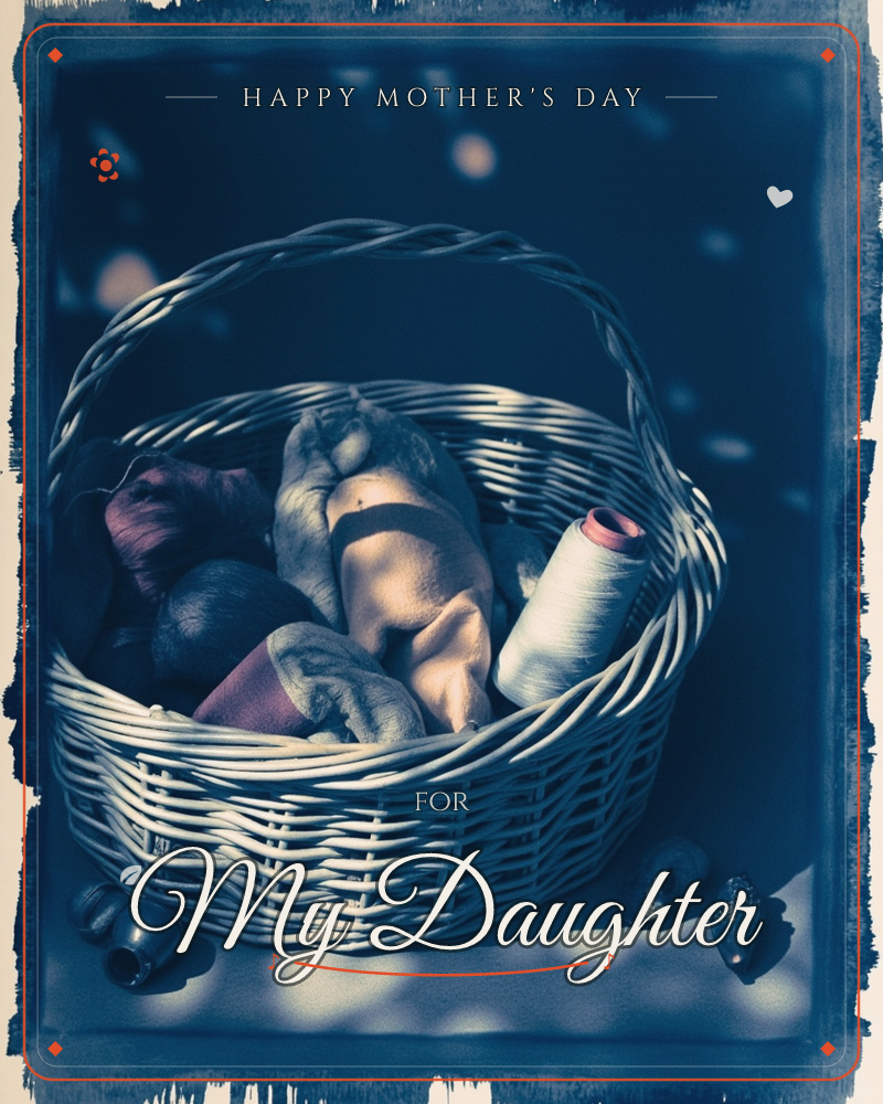 A woven wicker basket sits in a pool of dappled sunlight against a deep indigo background, filled with soft rolled fabrics, a spool of cream thread…, a mothersday e-card design