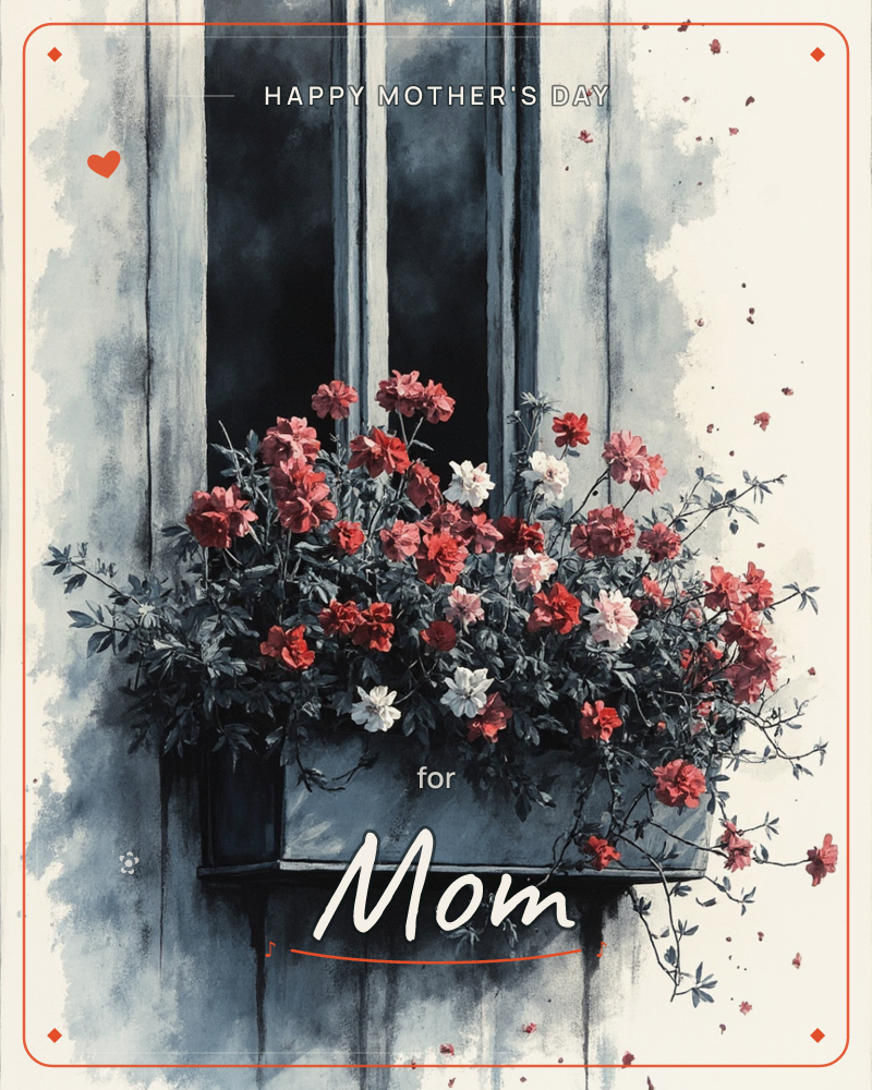 A shadowed window with dark shutter slats holds a wooden flower box overflowing with red and white blooms and trailing ivy, a mothersday e-card design