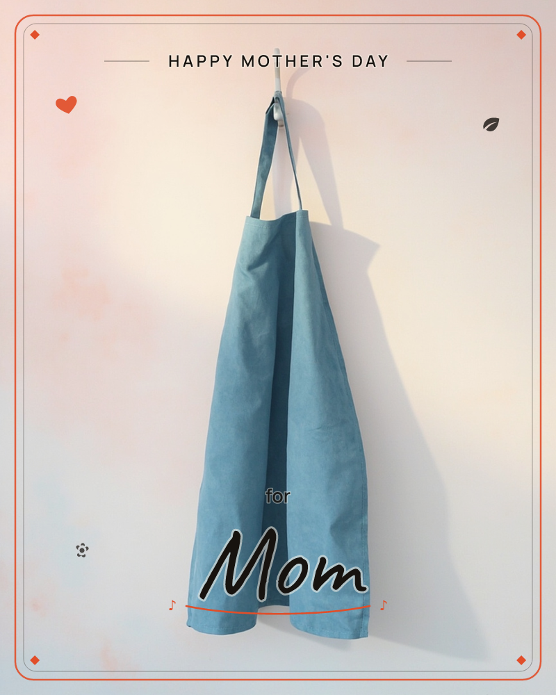 A simple slate-blue canvas apron hangs from a single hook against a pale, softly mottled wall, its strap casting a long angled shadow in the warm light, a mothersday e-card design