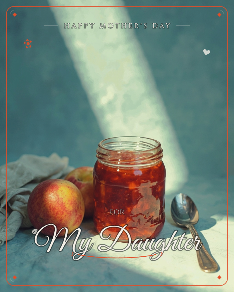 A jar of deep red preserve sits on a slate-blue tabletop, a shaft of soft window light falling across the backdrop behind it, a mothersday e-card design
