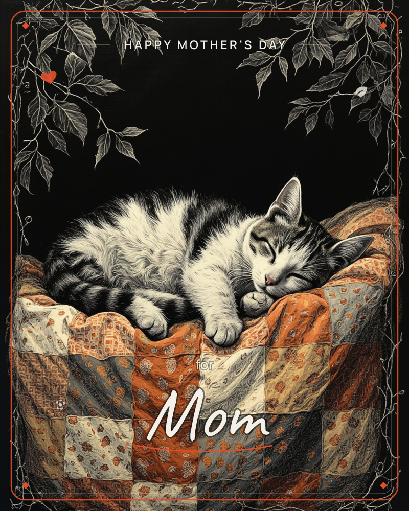 A black-and-white tabby cat sleeps curled up on a patchwork quilt of orange, cream and dusty-blue squares, its paws tucked beneath its chin, a mothersday e-card design