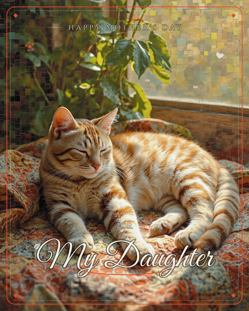 An orange tabby cat lies curled on a patterned quilted cushion, eyes closed in a contented squint, front paws stretched out toward the viewer, a mothersday e-card design