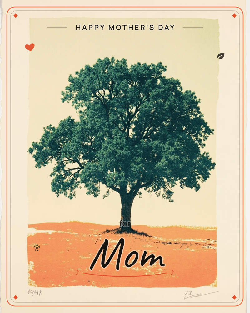 A single broad-crowned tree stands alone on a sun-baked orange rise, its deep green canopy full and rounded against a pale sage sky, a mothersday e-card design