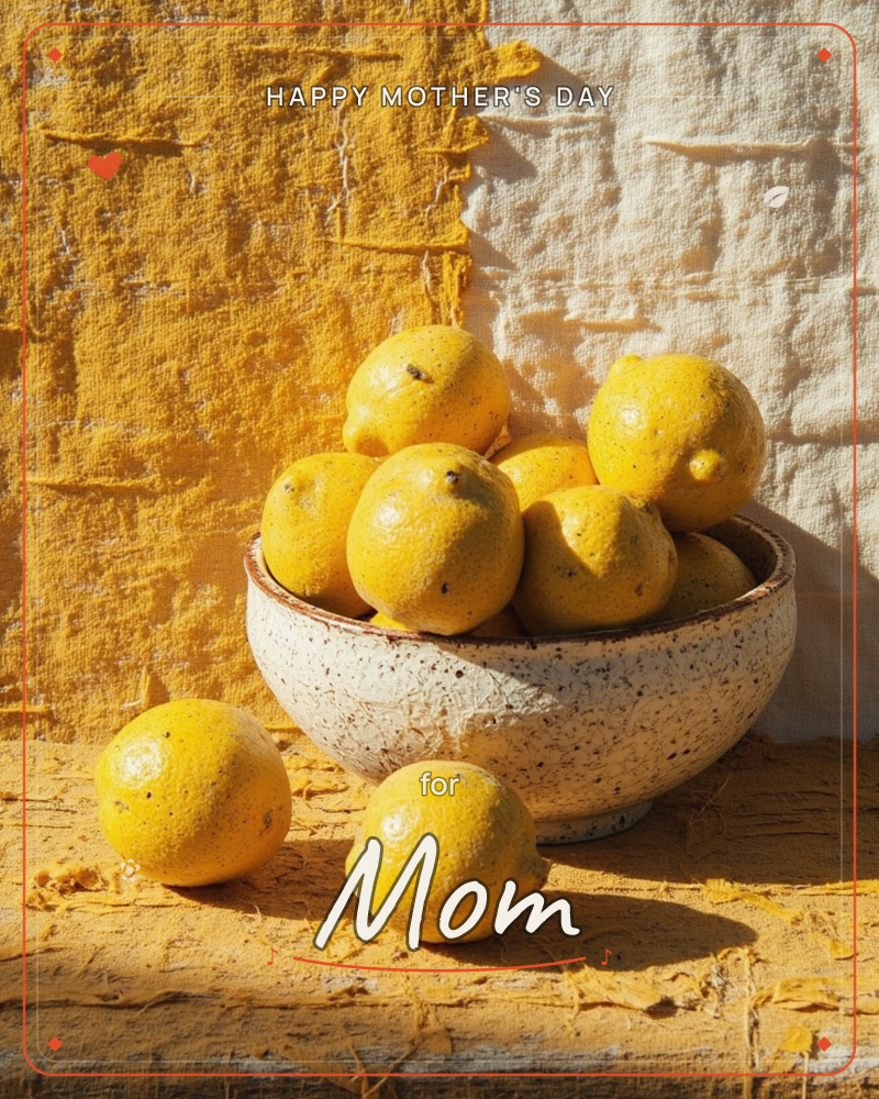 A speckled ceramic bowl overflows with sun-ripened lemons, two more resting loose on the weathered surface below, a mothersday e-card design