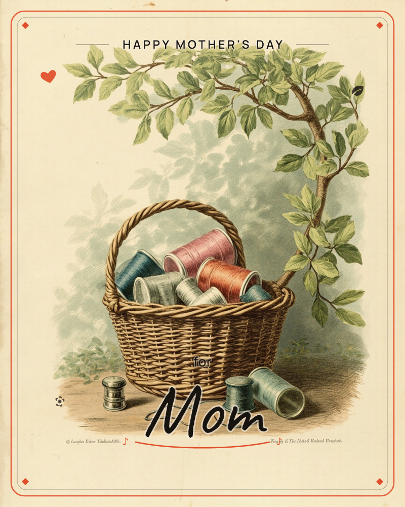 A woven wicker basket sits beneath a leafy branch arching overhead, its handle framing spools of thread in teal, rose, sage, and rust, a mothersday e-card design