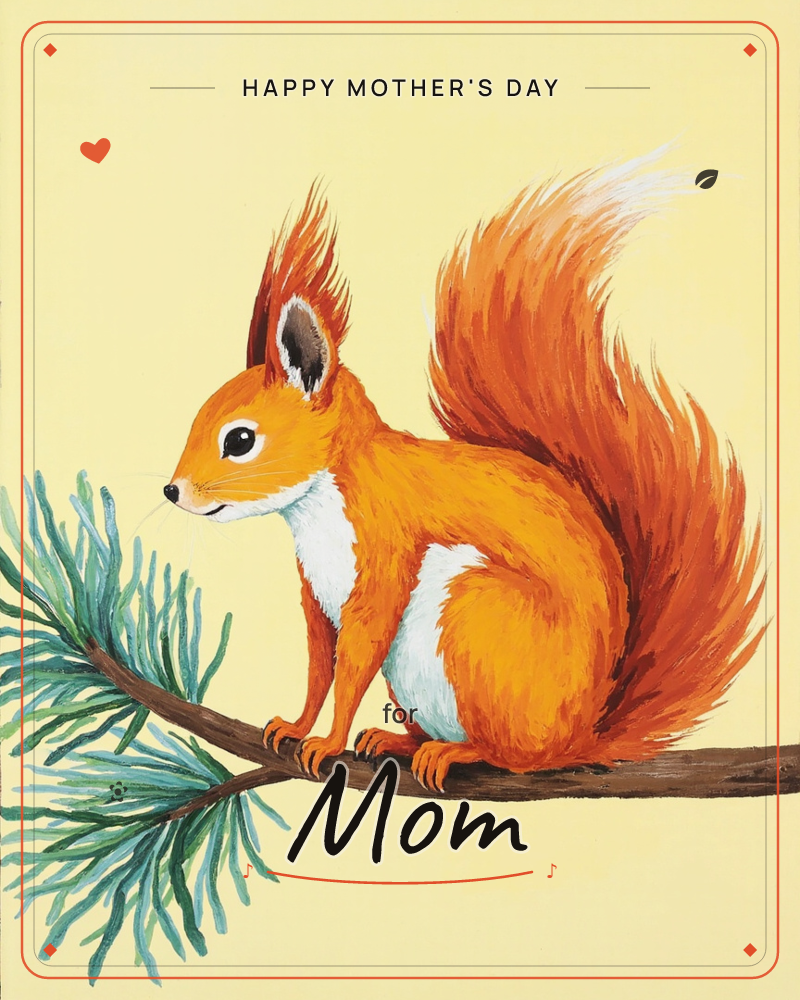 A red squirrel with a bushy tail and tufted ears perches on a pine branch, sniffing at a cluster of blue-green needles, a mothersday e-card design
