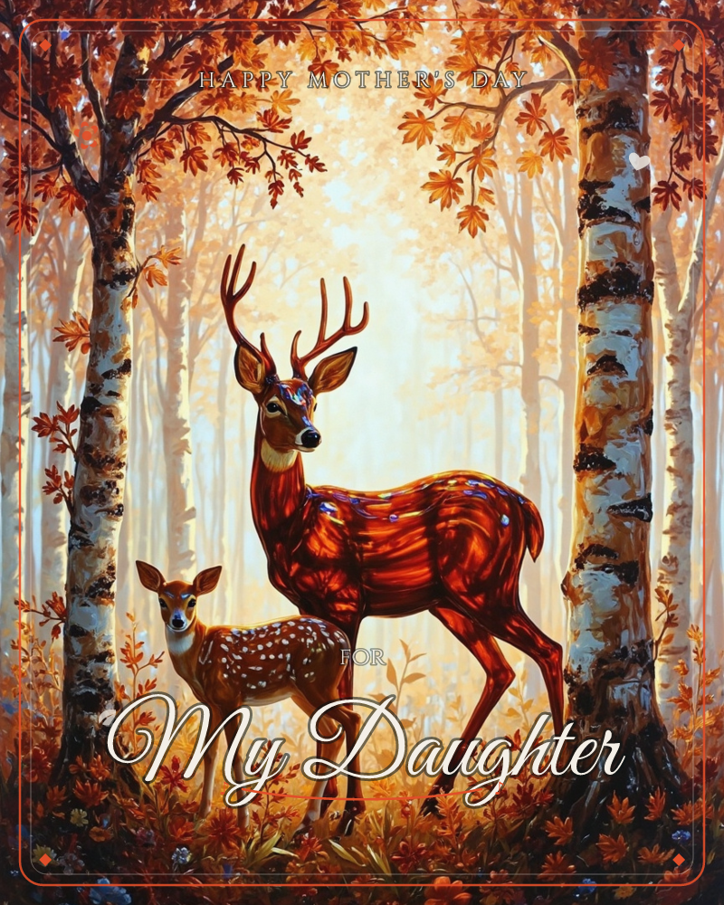 A stag with tall antlers stands beside a spotted fawn in a birch forest glowing with autumn light, a mothersday e-card design
